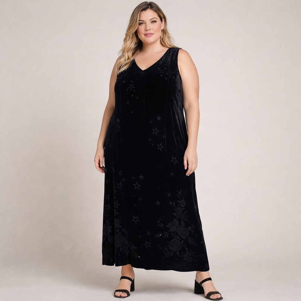 Johnny Was Velvet embroidered Stars Florals V-Neck Sleeveless Maxi Dress Sz 1X